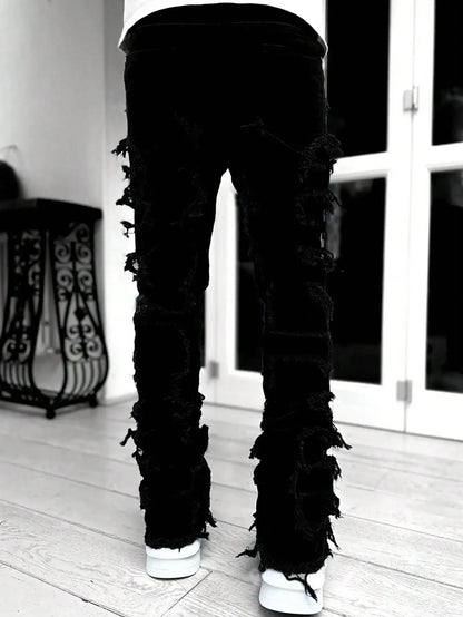 Men's Slim Fit Jeans - Black Denim Pants With Raw Edge Stacked Patches - ZOOMNSTORE