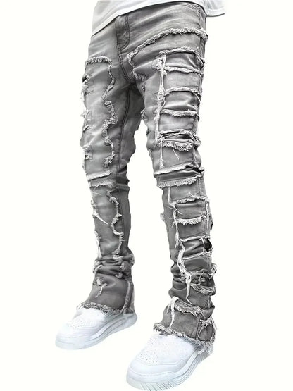 Men's Slim Fit Jeans - Black Denim Pants With Raw Edge Stacked Patches - ZOOMNSTORE
