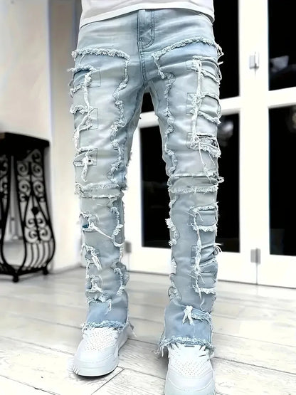 Men's Slim Fit Jeans - Black Denim Pants With Raw Edge Stacked Patches - ZOOMNSTORE