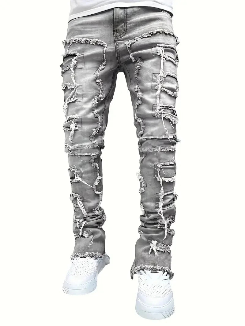 Men's Slim Fit Jeans - Black Denim Pants With Raw Edge Stacked Patches - ZOOMNSTORE