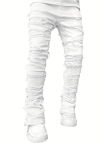 Men's Slim Fit Jeans - Black Denim Pants With Raw Edge Stacked Patches - ZOOMNSTORE