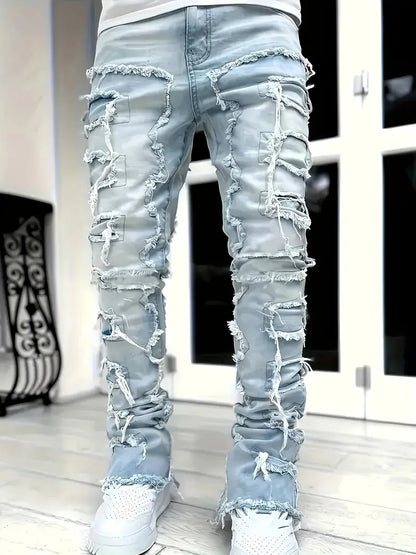 Men's Slim Fit Jeans - Black Denim Pants With Raw Edge Stacked Patches - ZOOMNSTORE