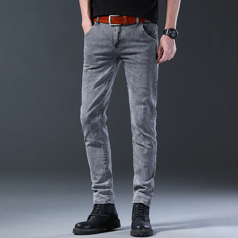 Mens Slim Fit Korean Jeans - Comfortable Gray Straight Leg Denim Pants - ZOOMNSTORE