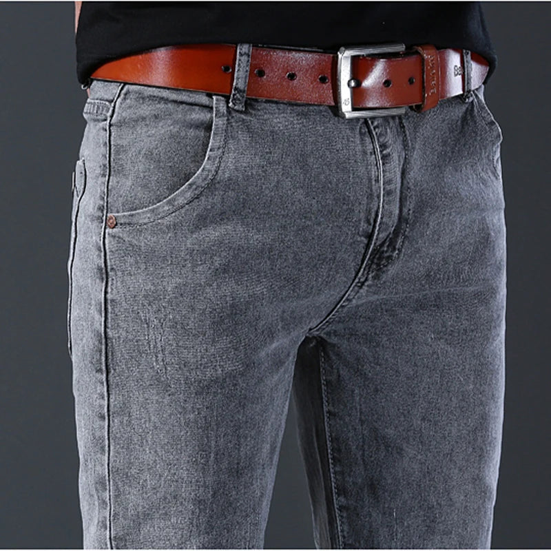 Mens Slim Fit Korean Jeans - Comfortable Gray Straight Leg Denim Pants - ZOOMNSTORE