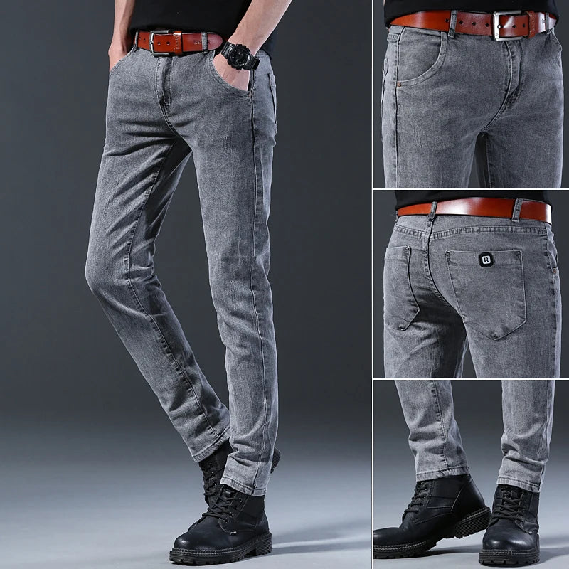 Mens Slim Fit Korean Jeans - Comfortable Gray Straight Leg Denim Pants - ZOOMNSTORE