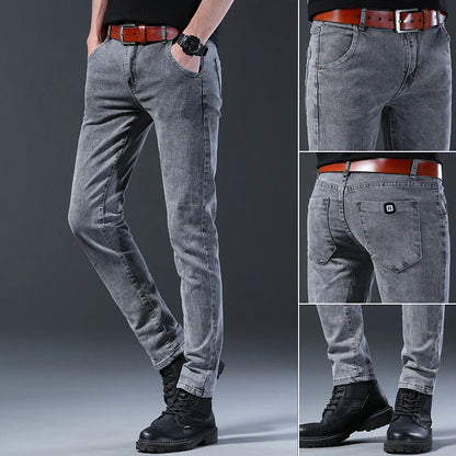 Mens Slim Fit Korean Jeans - Comfortable Gray Straight Leg Denim Pants - ZOOMNSTORE