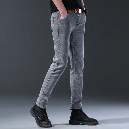 Mens Slim Fit Korean Jeans - Comfortable Gray Straight Leg Denim Pants - ZOOMNSTORE