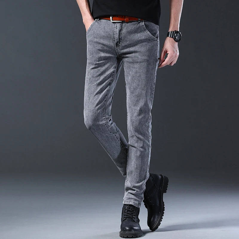 Mens Slim Fit Korean Jeans - Comfortable Gray Straight Leg Denim Pants - ZOOMNSTORE