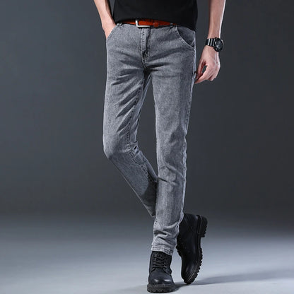 Mens Slim Fit Korean Jeans - Comfortable Gray Straight Leg Denim Pants - ZOOMNSTORE