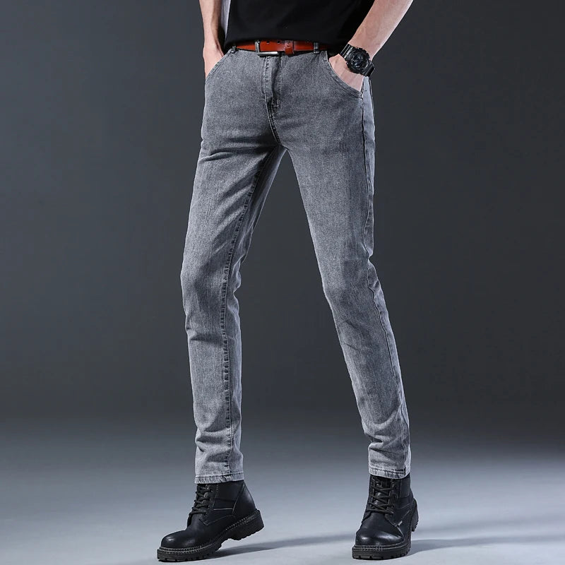 Mens Slim Fit Korean Jeans - Comfortable Gray Straight Leg Denim Pants - ZOOMNSTORE