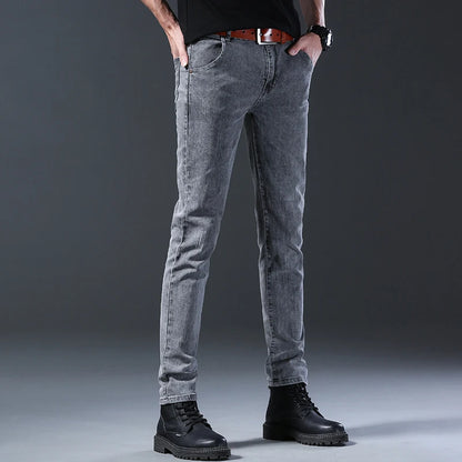 Mens Slim Fit Korean Jeans - Comfortable Gray Straight Leg Denim Pants - ZOOMNSTORE