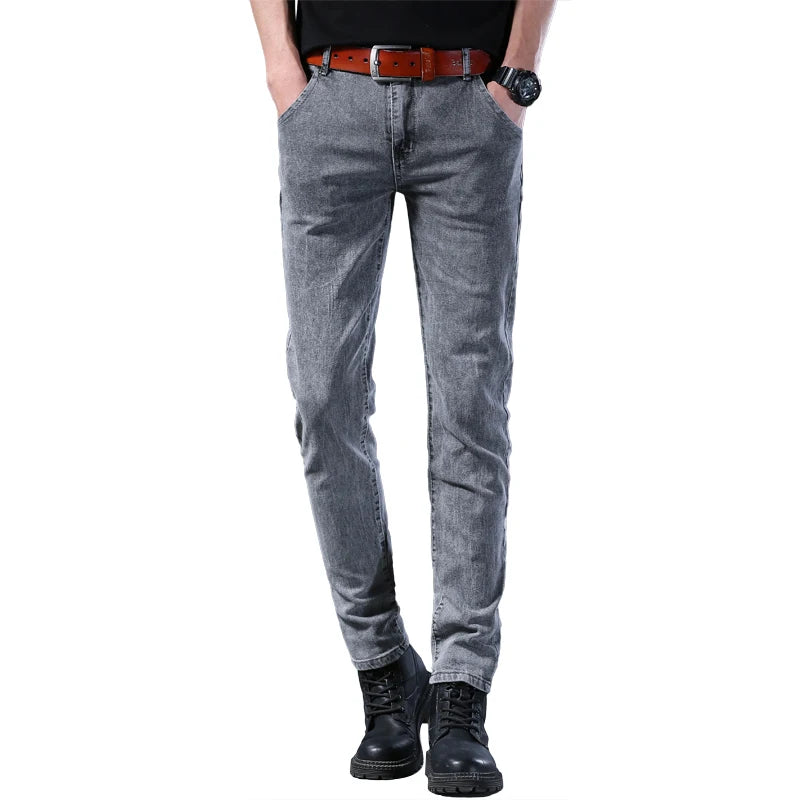 Mens Slim Fit Korean Jeans - Comfortable Gray Straight Leg Denim Pants - ZOOMNSTORE