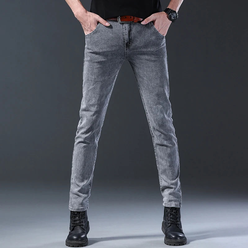Mens Slim Fit Korean Jeans - Comfortable Gray Straight Leg Denim Pants - ZOOMNSTORE