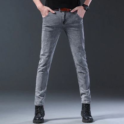 Mens Slim Fit Korean Jeans - Comfortable Gray Straight Leg Denim Pants - ZOOMNSTORE