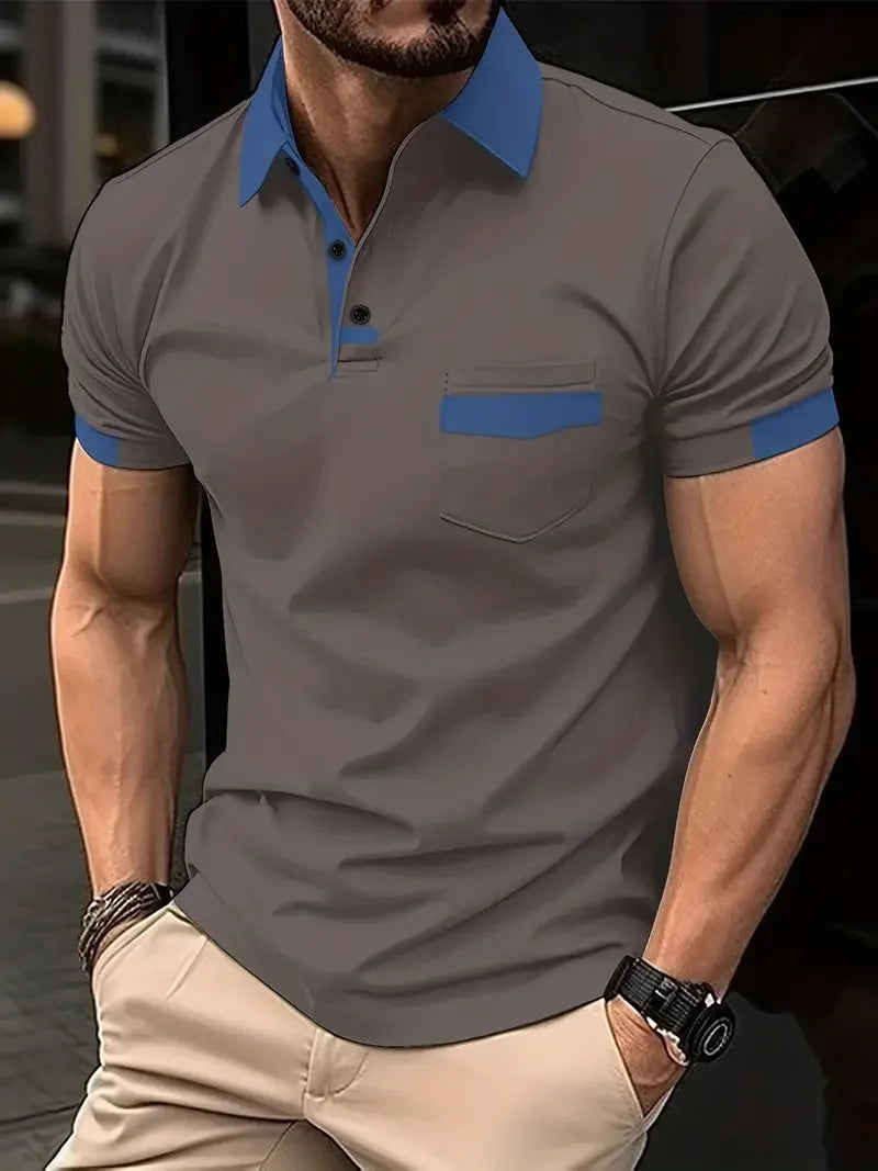 Mens Color Block Pocket T-Shirt - Casual Slim-Fit Fashion Polo - ZOOMNSTORE