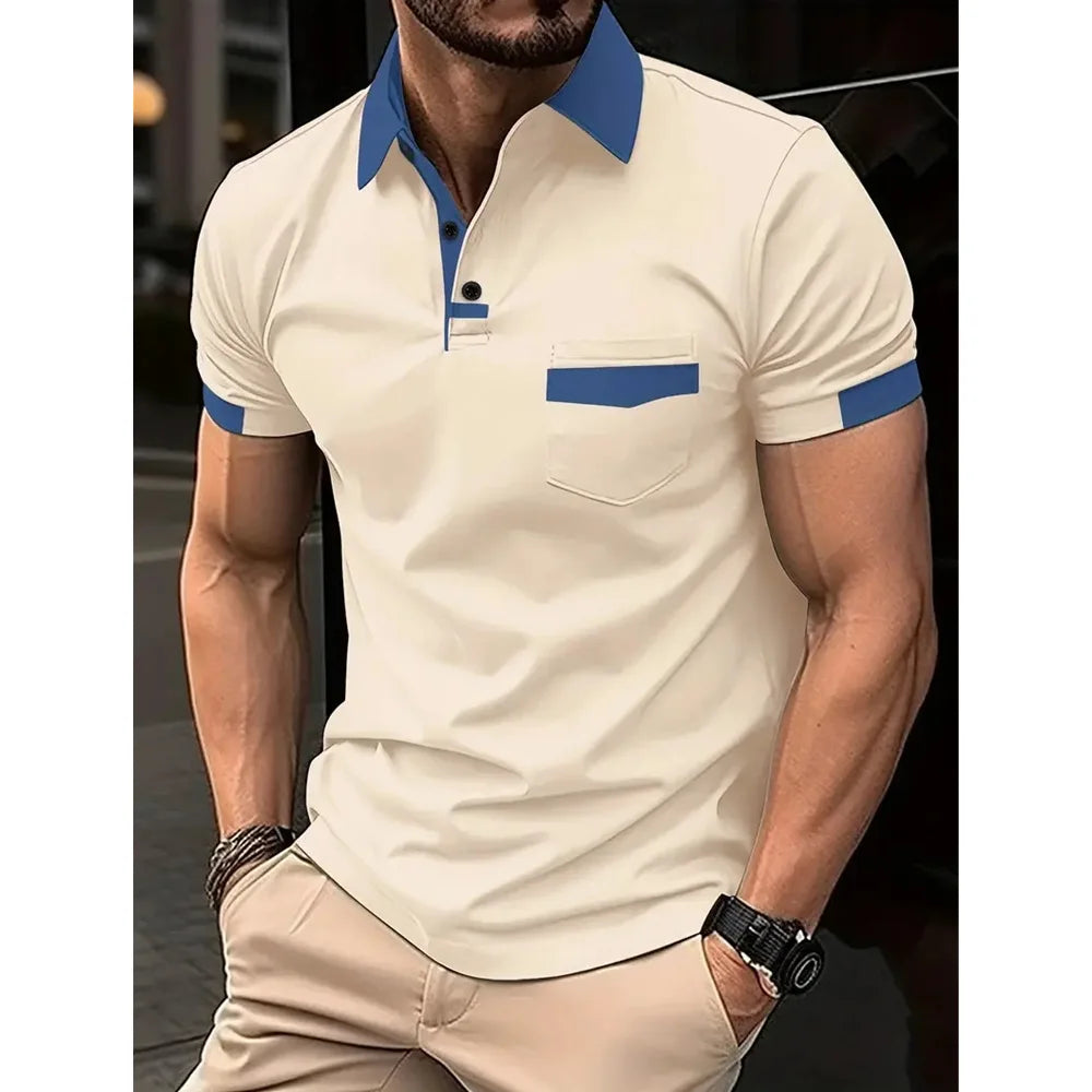 Mens Color Block Pocket T-Shirt - Casual Slim-Fit Fashion Polo - ZOOMNSTORE