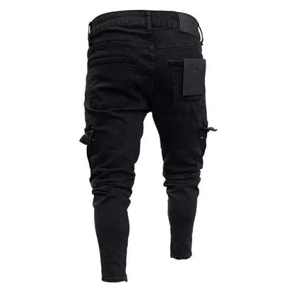 Men's Slim Stretch Jeans - Black Cargo Denim Pants With Big Side Pockets & Zipper Fly - ZOOMNSTORE