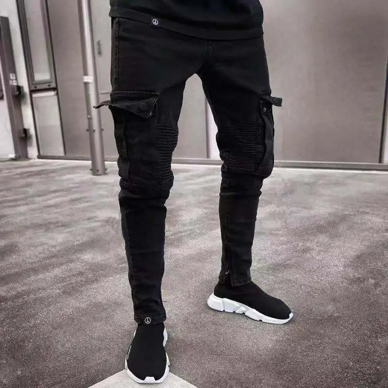 Men's Slim Stretch Jeans - Black Cargo Denim Pants With Big Side Pockets & Zipper Fly - ZOOMNSTORE