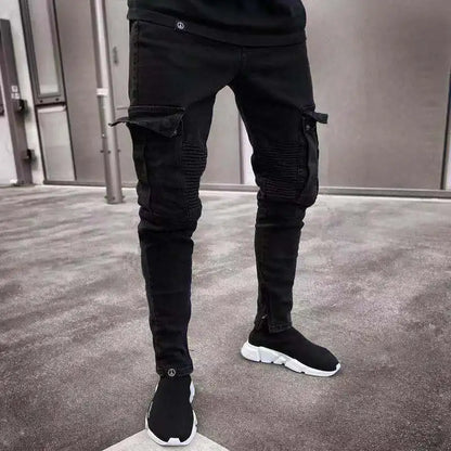 Men's Slim Stretch Jeans - Black Cargo Denim Pants With Big Side Pockets & Zipper Fly - ZOOMNSTORE