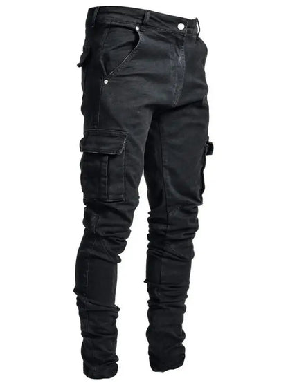 Men's Slim Stretch Jeans - Black Cargo Denim Pants With Big Side Pockets & Zipper Fly - ZOOMNSTORE