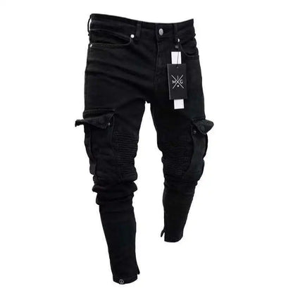 Men's Slim Stretch Jeans - Black Cargo Denim Pants With Big Side Pockets & Zipper Fly - ZOOMNSTORE