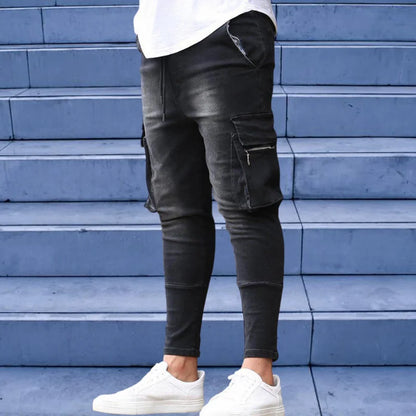 Men's Slim Stretch Jeans - Black Cargo Denim Pants With Big Side Pockets & Zipper Fly - ZOOMNSTORE