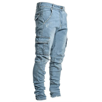 Men's Slim Stretch Jeans - Black Cargo Denim Pants With Big Side Pockets & Zipper Fly - ZOOMNSTORE