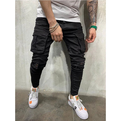 Men's Slim Stretch Jeans - Black Cargo Denim Pants With Big Side Pockets & Zipper Fly - ZOOMNSTORE