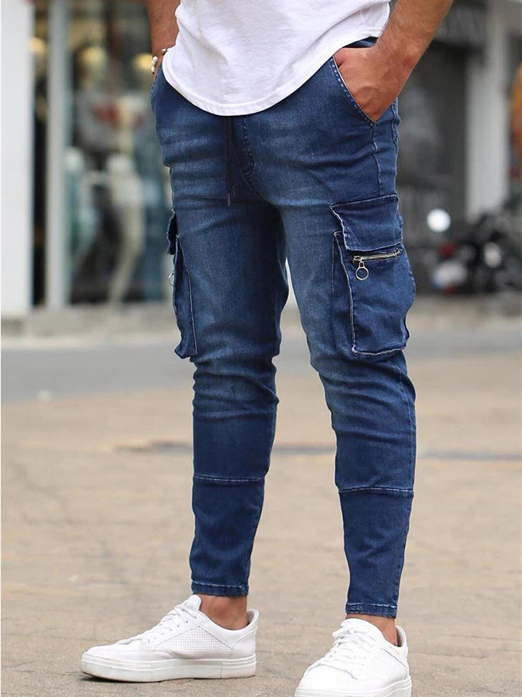 Men's Slim Stretch Jeans - Black Cargo Denim Pants With Big Side Pockets & Zipper Fly - ZOOMNSTORE