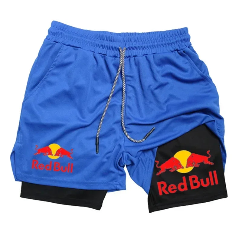 Mens 2-in-1 Red Bull Sports Shorts - Quick-Dry Breathable Running Underwear M-3XL - ZOOMNSTORE