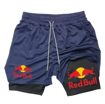 Mens 2-in-1 Red Bull Sports Shorts - Quick-Dry Breathable Running Underwear M-3XL - ZOOMNSTORE