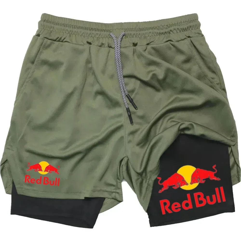 Mens 2-in-1 Red Bull Sports Shorts - Quick-Dry Breathable Running Underwear M-3XL - ZOOMNSTORE