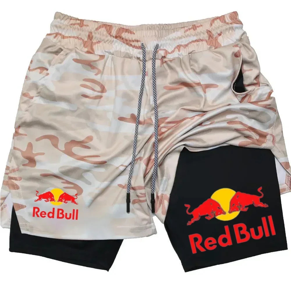 Mens 2-in-1 Red Bull Sports Shorts - Quick-Dry Breathable Running Underwear M-3XL - ZOOMNSTORE