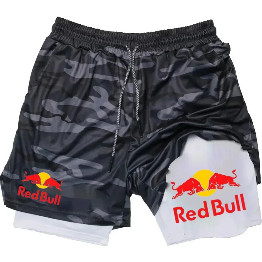 Mens 2-in-1 Red Bull Sports Shorts - Quick-Dry Breathable Running Underwear M-3XL - ZOOMNSTORE