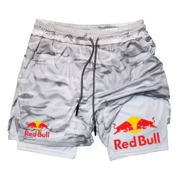 Mens 2-in-1 Red Bull Sports Shorts - Quick-Dry Breathable Running Underwear M-3XL - ZOOMNSTORE
