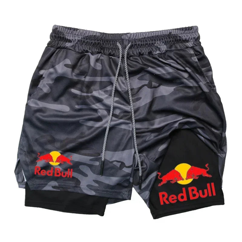 Mens 2-in-1 Red Bull Sports Shorts - Quick-Dry Breathable Running Underwear M-3XL - ZOOMNSTORE