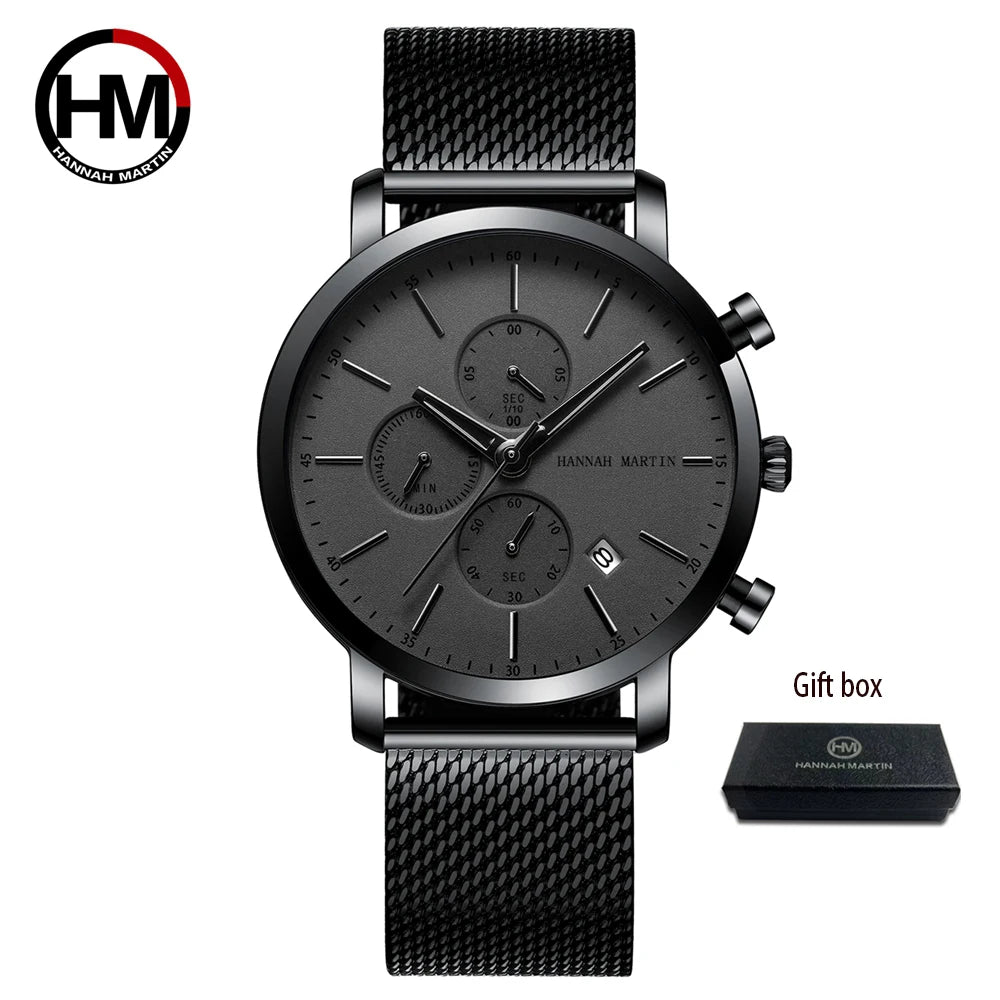 Hannah Martin Mens Waterproof Sports Watch - Black Dial Stainless Steel Quartz Clock - ZOOMNSTORE