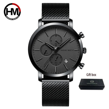 Hannah Martin Mens Waterproof Sports Watch - Black Dial Stainless Steel Quartz Clock - ZOOMNSTORE
