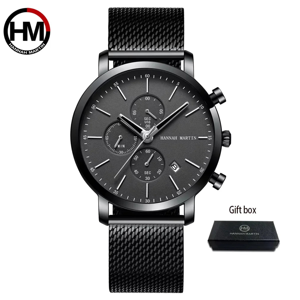 Hannah Martin Mens Waterproof Sports Watch - Black Dial Stainless Steel Quartz Clock - ZOOMNSTORE