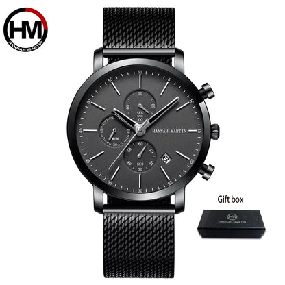 Hannah Martin Mens Waterproof Sports Watch - Black Dial Stainless Steel Quartz Clock - ZOOMNSTORE