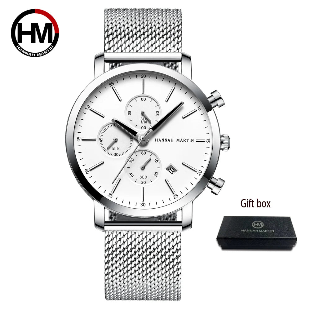 Hannah Martin Mens Waterproof Sports Watch - Black Dial Stainless Steel Quartz Clock - ZOOMNSTORE