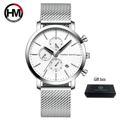 Hannah Martin Mens Waterproof Sports Watch - Black Dial Stainless Steel Quartz Clock - ZOOMNSTORE