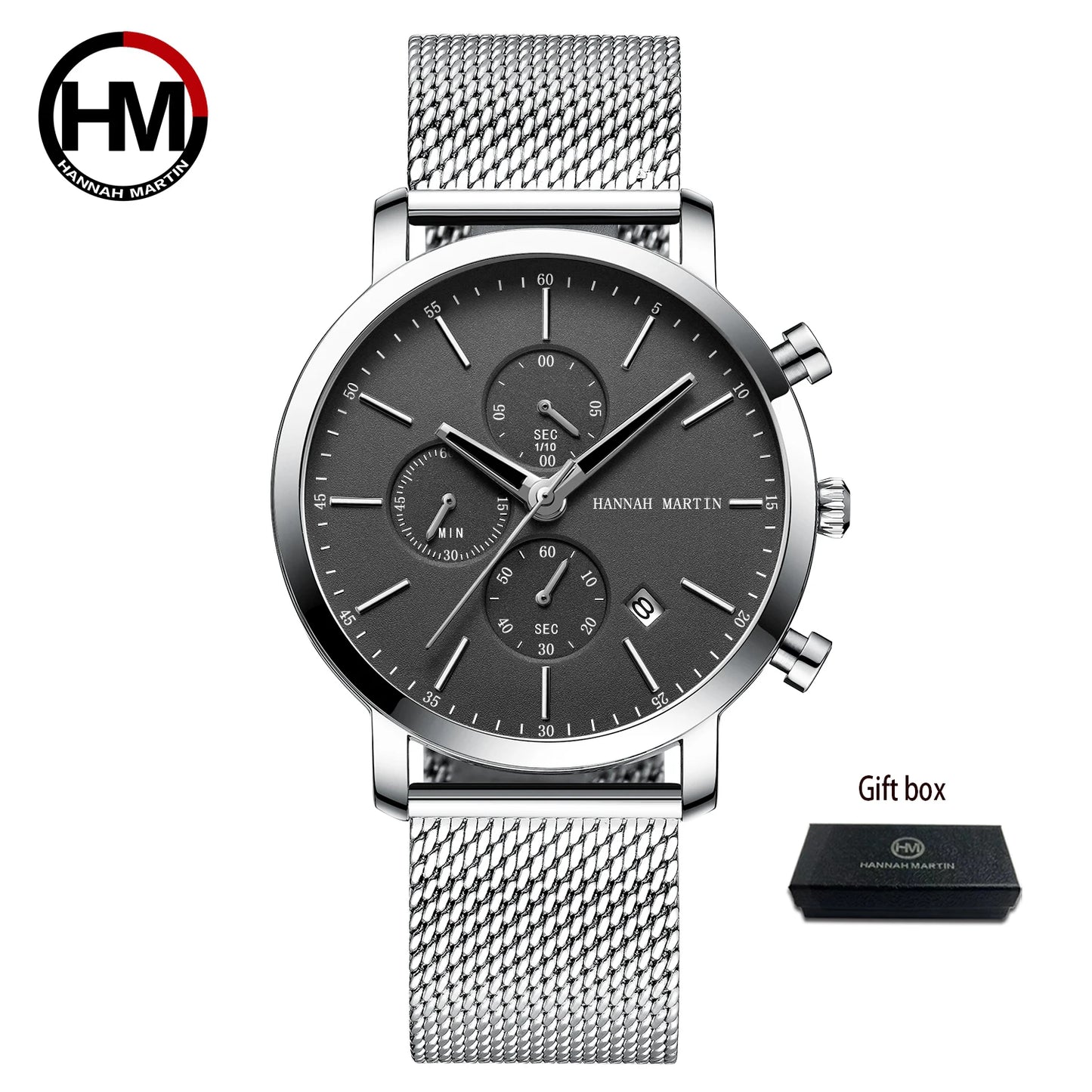 Hannah Martin Mens Waterproof Sports Watch - Black Dial Stainless Steel Quartz Clock - ZOOMNSTORE