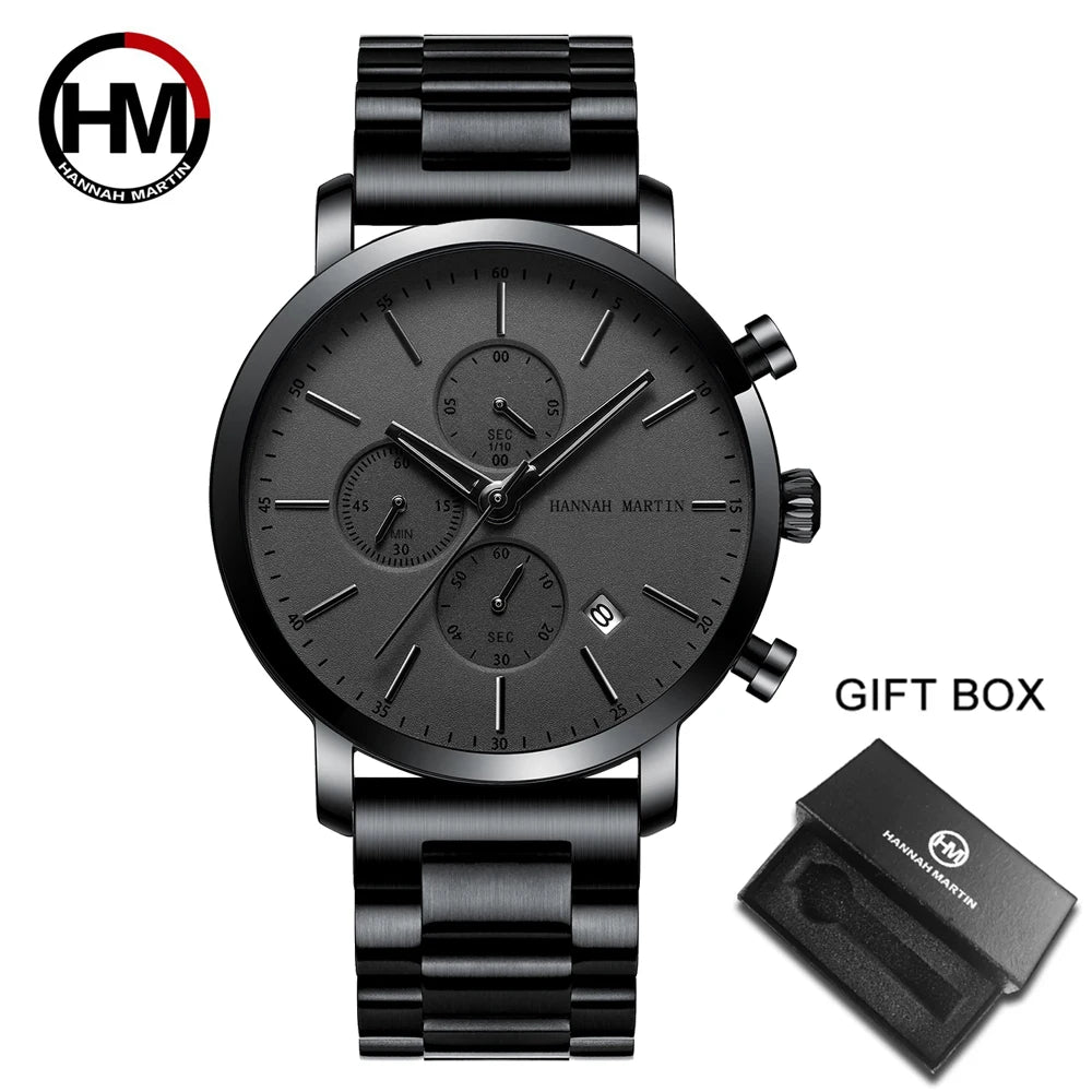 Hannah Martin Mens Waterproof Sports Watch - Black Dial Stainless Steel Quartz Clock - ZOOMNSTORE
