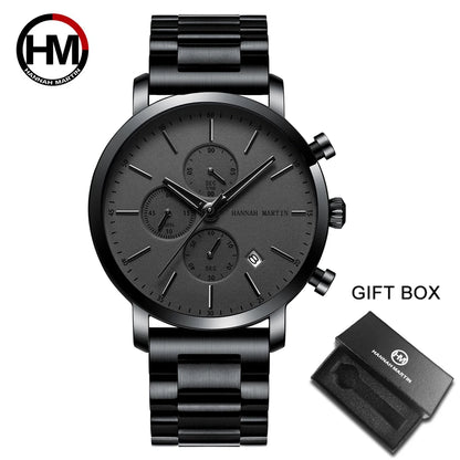 Hannah Martin Mens Waterproof Sports Watch - Black Dial Stainless Steel Quartz Clock - ZOOMNSTORE