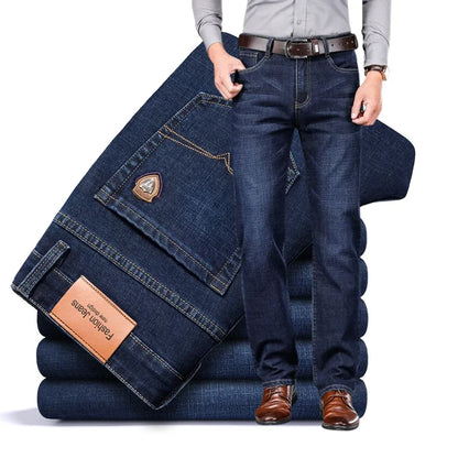 Men's Straight Jeans - Business Casual Stretch Denim Pants With Badge Decoration - ZOOMNSTORE