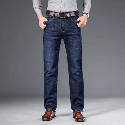 Men's Straight Jeans - Business Casual Stretch Denim Pants With Badge Decoration - ZOOMNSTORE
