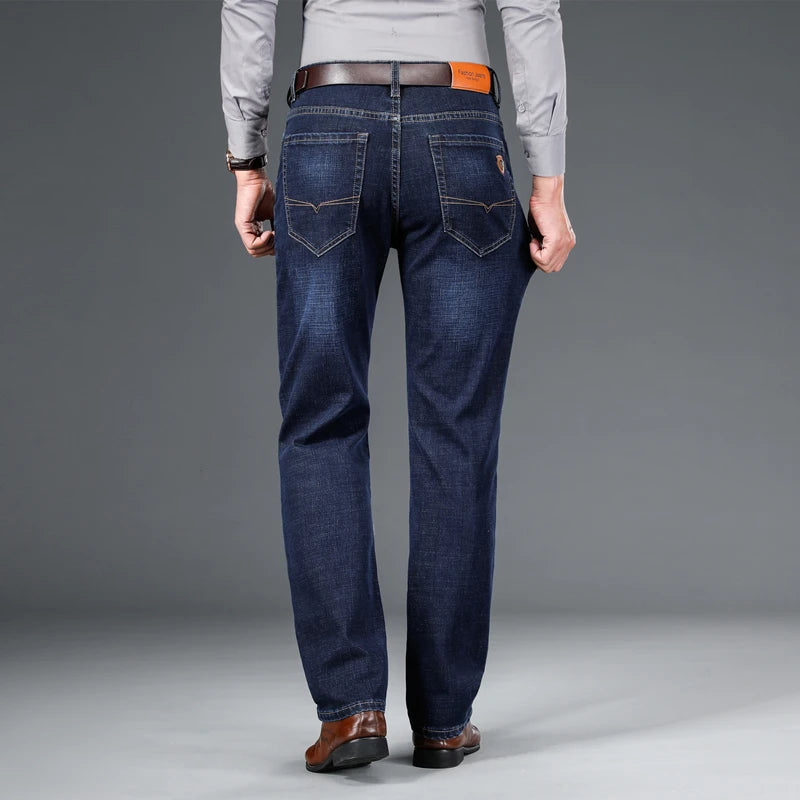 Men's Straight Jeans - Business Casual Stretch Denim Pants With Badge Decoration - ZOOMNSTORE
