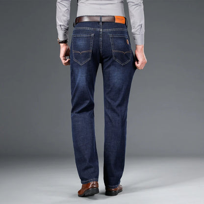 Men's Straight Jeans - Business Casual Stretch Denim Pants With Badge Decoration - ZOOMNSTORE