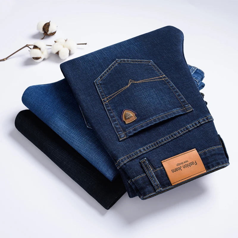 Men's Straight Jeans - Business Casual Stretch Denim Pants With Badge Decoration - ZOOMNSTORE